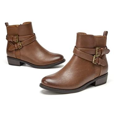 Imagem de VJH confort Botas femininas de cano curto, bico redondo, salto baixo, confortáveis com tira de fivela lateral com zíper, Marrom, 7