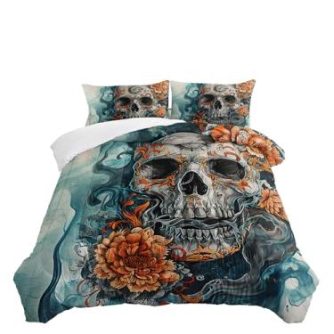 Imagem de Conjunto de edredom solteiro de caveira gótica, neblina gótica, crânio de açúcar, azul ciano, floral, estampa de caveira gótica, com 1 edredom e 2 fronhas