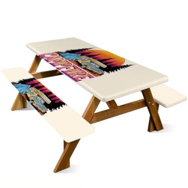 Imagem de ANNA QUEEN Conjunto de capa de mesa de piquenique de 1,82 m x 76 cm, capas de banco à prova d'água para primavera, acampamento, jardim, jantares ao ar livre