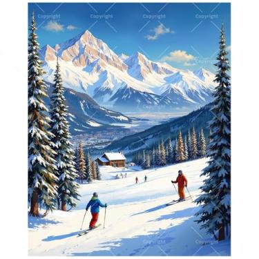 Imagem de Kit de pintura de paisagem por números para adultos – Estância de esqui DIY em pintura em tela, conjunto de tinta acrílica, adequado para iniciantes, arte para decoração de casa ou presentes (moldura