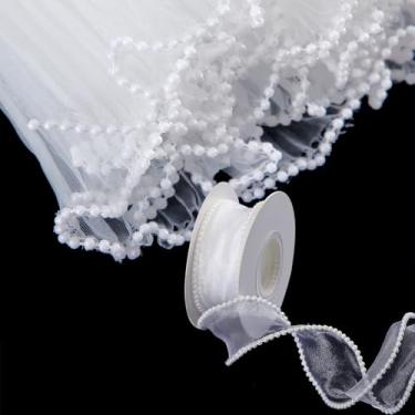 Imagem de Zeyune Conjunto de 2 rolos de fita com borda de pérola, fita de malha de pérola sintética branca de 3,5 cm com papel de embrulho de buquê de 4,5 m cada para buquês de casamento, artesanato floral de