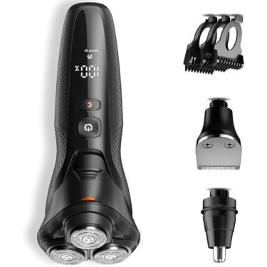 Imagem de Barbeador elétrico masculino, barbeador elétrico recarregável rategist para homens, barbeador sem fio à prova d'água, seco molhado, velocidades ajustáveis, com aparador de pelos do nariz, aparador de