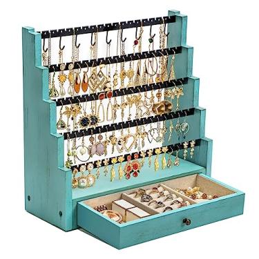 Imagem de Pinzoveco Organizador de brincos, organizador de brincos de 5 camadas com mastro de suporte de colar, organizador de joias de madeira rústica, expositor para brincos, pulseiras, colar, anel, 175 furos
