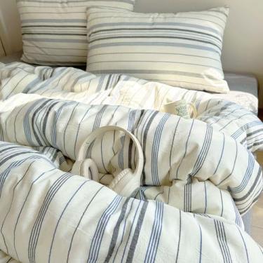 Imagem de EAVD Conjunto de edredom retrô listrado azul e cinza Queen de algodão macio, 3 peças, vintage, com 2 fronhas, boêmio, listras verticais, geométrico, para todas as estações, respirável, leve