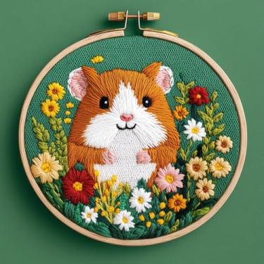 Imagem de Kit de agulhas de punção faça você mesmo, hamster fofo e flores silvestres, fácil para iniciantes, conjunto de bordado com padrão estampado de argola para amantes de artesanato e decoração de casa - 4