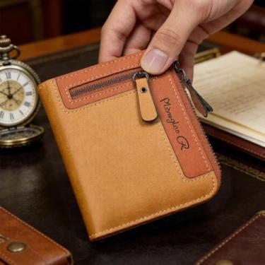 Imagem de Carteira masculina com zíper, carteira curta de couro com compartimento compacto para vários cartões, porta-cartões fino e dobrável para uso diário, Marrom-amarelado, 9.5X12.5CM, Tendência
