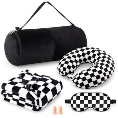 Imagem de HunnmingRe Conjunto de 5 peças de travesseiro e cobertor de viagem, estojo compacto de avião de viagem 5 em 1, inclui cobertor de 101 x 152 cm, máscara de olho, travesseiro de pescoço, tampão de