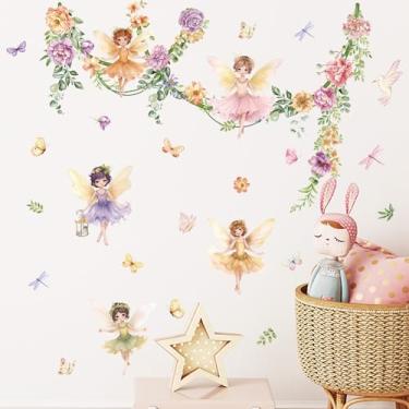 Imagem de 2 folhas de adesivos de parede de fada de flores gigantes 89,9 cm x 28,4 cm borboleta menina com flores silvestres adesivos adesivos de parede adesivo de parede filme silhueta meninas crianças quarto