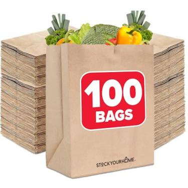 Imagem de Stock Your Home Sacos marrons Kraft de 32 kg com alças (100 unidades), sacolas de supermercado grandes a granel para compras ou armazenamento