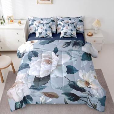 Imagem de Feelyou Jogo de cama Queen com estampa floral, azul, 7 peças, para crianças, meninos, meninas, luxuoso, com edredom, lençóis, fronhas, capas de almofada, decoração de quarto