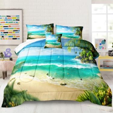 Imagem de Bedbay Conjunto de edredom de praia tropical, tamanho Queen, ilha costeira, férias, estilo Havaí, microfibra macia, para verão, leve, conjunto de edredom com tema de praia, 4 peças, para todas as