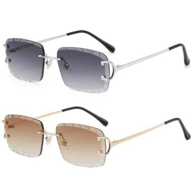 Imagem de FLJMRAVER Óculos de sol retangulares retrô sem aro para homens e mulheres, luxuosos, sem moldura, quadrados, modernos, com corte de diamante, B3* prata/cinza gradiente + dourado/marrom gradiente