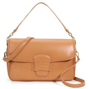 Imagem de Chinllo Bolsa transversal feminina com aba, bolsas de couro vegano com alça superior e alça ajustável, Cognac-nappa, Small