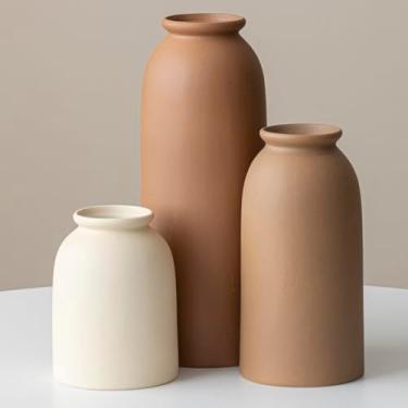 Imagem de Conjunto de vaso de cerâmica decorativo de 26,4 cm de altura, 3 peças, estilo boho moderno nórdico, branco, casa de fazenda moderna para decoração de casa (mistura de café GG)