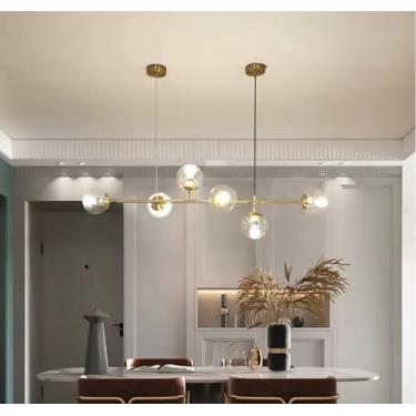 Imagem de Lustre de vidro E27 com 6 lâmpadas, luminária pendente moderna para mesa de jantar, cozinha, escritório ou bar (dourado, transparente)