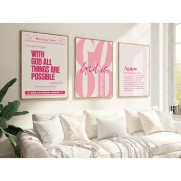 Imagem de With God All Things Are Possible Impressão em tela pôster rosa feminino pintura cristã conjunto de 3 imagens God Is Good All The Time para quarto cristão decoração de casa com moldura interna de