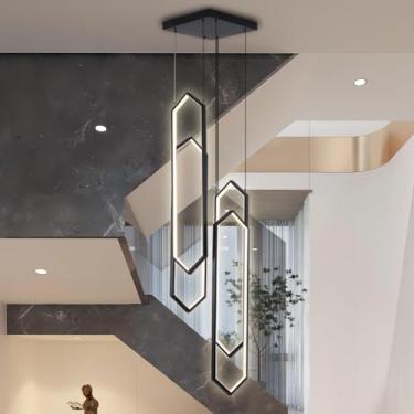 Imagem de Lustre LED para Escadas, Luminária Moderna de Teto Grande com Estrutura de Alumínio e Controle Remoto, Ideal para Salas de Estar, Quartos de Hotel e Restaurantes (Preto, 4)