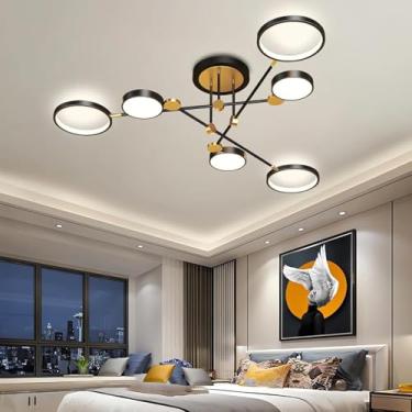 Imagem de Lustre de teto LED moderno para sala de estar, modelo redondo, com 6 lâmpadas, temperatura de cor ajustável de 3000 K a 6500 K, controle remoto e iluminação regulável. Ideal para quartos e r