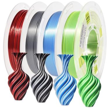 Imagem de RAMBERY Pacote de filamentos de impressora 3D de duas cores de seda 1,75 mm +/- 0,02 mm, filamento de impressão 3D PLA bicolor 200gX4 carretéis (0.8 kg), preto-prata, vermelho-preto, azul-prata