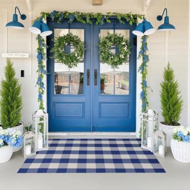 Imagem de WAYYE Buffalo Tapete xadrez para ambientes externos, 8,5 x 1,5 m, xadrez azul e branco, capachos laváveis para ambientes internos e externos para tapetes de porta da frente em camadas, varanda,