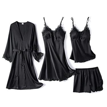 Imagem de Pijama feminino conjuntos de pijama cami top camisola 5 peças roupa de dormir roupão de cetim conjuntos de camisola pijama GG rosa - 1 peça B (preto 4 peças)