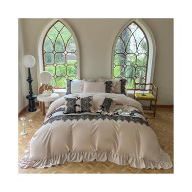 Imagem de x3anggyt5 Jogo de cama vintage chique com babados e laço preto, capa de edredom de 4 peças (cáqui, tamanho casal 4 peças)