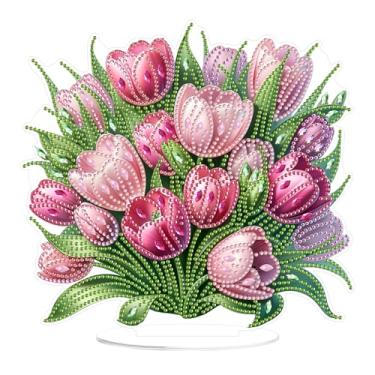 Imagem de Eiflow Kit de arte de diamante de mesa para adultos, pintura de arte de diamante de mesa faça você mesmo com suporte, kit de placa de pintura de pedras preciosas de acrílico (flor tulipas)