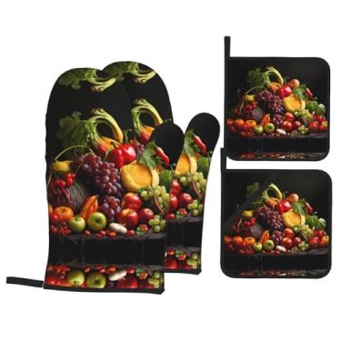 Imagem de Conjunto de luvas de forno impressas com legumes e frutas, conjunto de 4 peças adequado para grelhar, cozinhar e assar