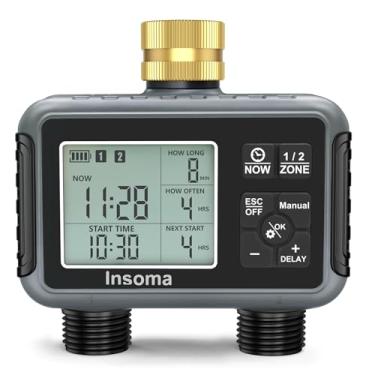 Imagem de Insoma Temporizador de água com entrada de latão, 2 zonas independentes temporizador de mangueira externa para torneira de jardim com modo de atraso automático/manual/chuva, temporizadores de