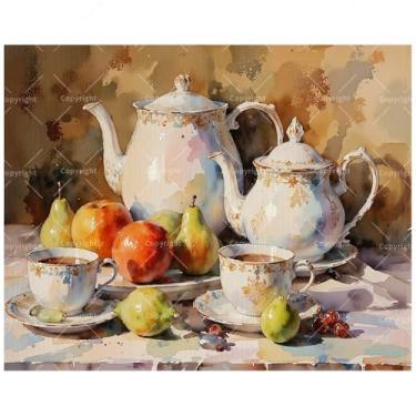 Imagem de Kit de pintura vintage natureza morta por números para adultos - bule de chá floral clássico faça você mesmo, xícaras de chá pintura em tela, 20 x 30 cm, conjunto de tinta acrílica emoldurada para