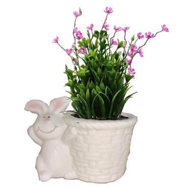 Imagem de WENDIN Lindo vaso de cerâmica para suculentas, pequeno vaso interno em forma de animal, lindos vasos de flores de cacto com drenagem para mesa de escritório e decoração de jardim doméstico (coelho-1)