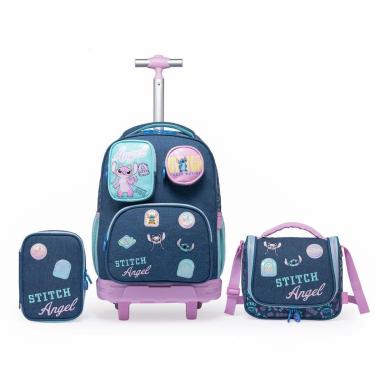 Imagem de Kit Mochila Rodinha Disney Estojo Lancheira Escolar Espaçosa Stitch Feminina-Feminino