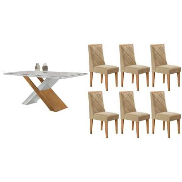 Imagem de Conjunto: Mesa Sala Jantar Imperatriz Tampo c/ Vidro Curvo 180cm+6 Cadeiras Pietá Madeira Naturale/Off White - Capuccino/Linho Bege - Rufato
