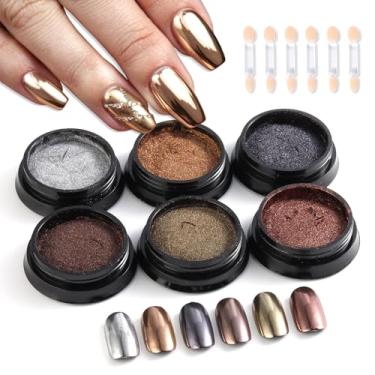 Imagem de Pó de unha cromado, efeito espelhado, pó metálico, 6 cores, bronze, marrom, preto, ouro rosa, holográfico, purpurina, cromo, pigmento em pó para decoração de arte de unhas de esmalte em gel