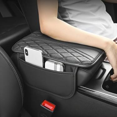 Imagem de Almofada de apoio de braço de carro de couro PU com bolsa de armazenamento design acolchoado confortável descanso de cotovelo ajuste universal para dirigir e viajar, preto