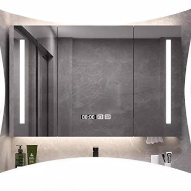Imagem de Armário de espelho de parede para banheiro iluminado espelho de vaidade LED armário de remédios de banheiro com espelho armário de armazenamento moderno com prateleiras (tamanho: 90 * 70 cm) ()