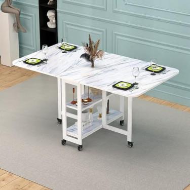 Imagem de Mesa dobrável mesa de jantar dobrável com 6 rodas, prateleira de armazenamento de 2 camadas, mesa de jantar dobrável para cozinha/fazenda/sala de estar 4-6 pessoas (Cor: Estilo 2, Tamanho: C 150 x L