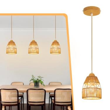 Imagem de OTeedo Pacote com 3 luminárias de vime boho ilha de cozinha, lustres de fazenda lâmpada suspensa de altura ajustável para sala de jantar, luminárias de teto de cozinha pequenas com iluminação de