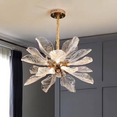 Imagem de witkey Lustre moderno de folha de ramo de árvore, iluminação pendente dourada luxuosa de 18 luzes 65 cm, lustres brancos quentes LED 40W 3000K, altura ajustável para sala de estar, sala de jantar