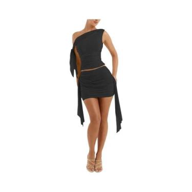 Imagem de Conjunto Feminino Elegante De Top Plissado E Saia Curta Cor Sólida Par