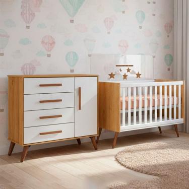 Imagem de Quarto Bebe Infantil Q Encanto Berco Vira Cama e Comoda Sapateira 1 Portas 4 Gavetas Retro Qmovi