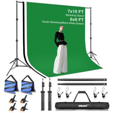 Imagem de EMART Kit de suporte de cenário de estúdio de vídeo fotográfico, sistema de suporte de fotografia ajustável de 1,8 x 3 m com fundo de poliéster (tela preto/branco/verde), grampos de mola e bolsa de