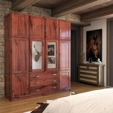 Imagem de Guarda-Roupa Casal Rústico Madeira Maciça 10 Portas 3 Gavetas com Espelho Mogano - Panorama Móveis