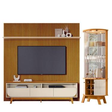 Imagem de Estante Home Theater Com Bancada Suspensa Luna 30com Cristaleira Marina Cinamomo Off White - Madetec