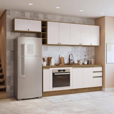 Imagem de Armário de Cozinha Completa 3 Gavetas 100% MDF 300cm Nogueira/Branco Celeste Kappesberg
