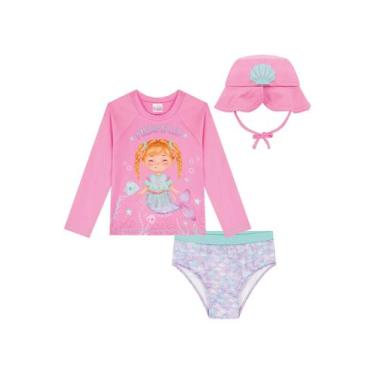 Imagem de Conjunto Bebê Menina C/Chapéu Sereia Proteção Uv 50+ Kukiê, 2
