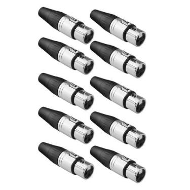 Imagem de Kit 10 Conectores XLR Fêmea 3 Pinos Niquelado Roxtone RX3FP-NT