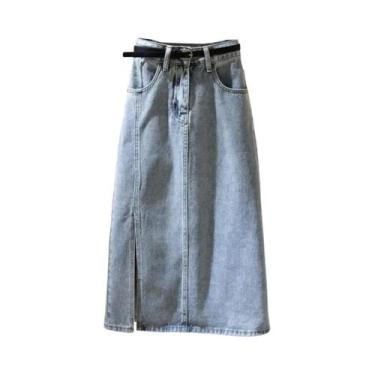 Imagem de Saia Midi De Jeans Azul Claro De Cintura Alta Para Mulheres, Em Algodã