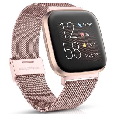 Imagem de Maledan Pulseiras de metal compatíveis com Fitbit Versa/Fitbit Versa 2 para homens e mulheres, pulseira de malha de aço inoxidável ajustável para Fitbit Versa 2/Versa/Versa Lite SE, ouro rosa