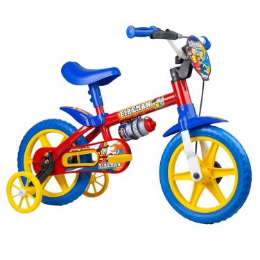 Imagem de Bicicleta Infantil Vermelha e Azul Aro 12 Com Rodinhas Bombeiro Fire Man Nathor